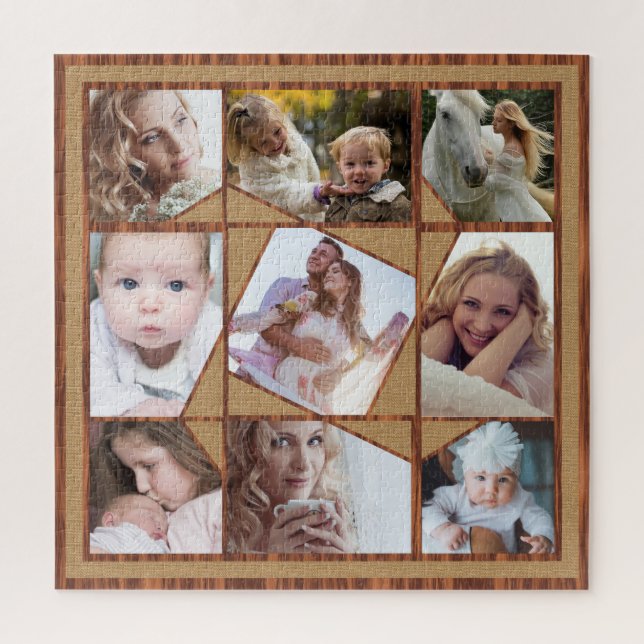 Family Photo Collage 9 Instagram Pics Wood Burlap Jigsaw Puzzle (Vertical)