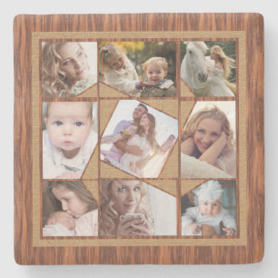 Family Photo Collage 9 Instagram Pics Wood Burlap Stone Coaster