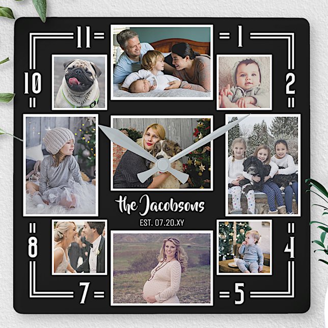 Family Photo Collage 9 Pics Name Black Striped Mod Square Wall Clock (Creator Uploaded)