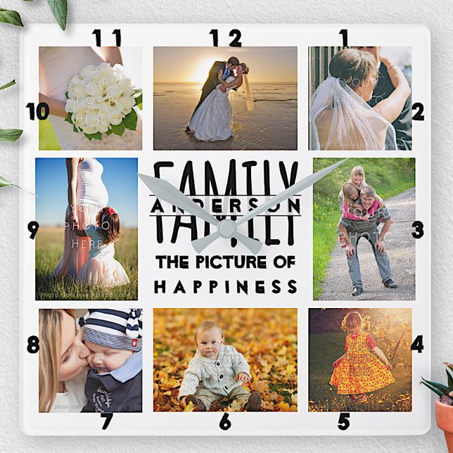 Family Photo Collage Add Name Template | 8 Picture Square Wall Clock (Creator Uploaded)