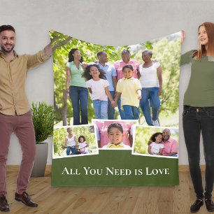 Family Photo Collage All You Need is Love Green Fleece Blanket