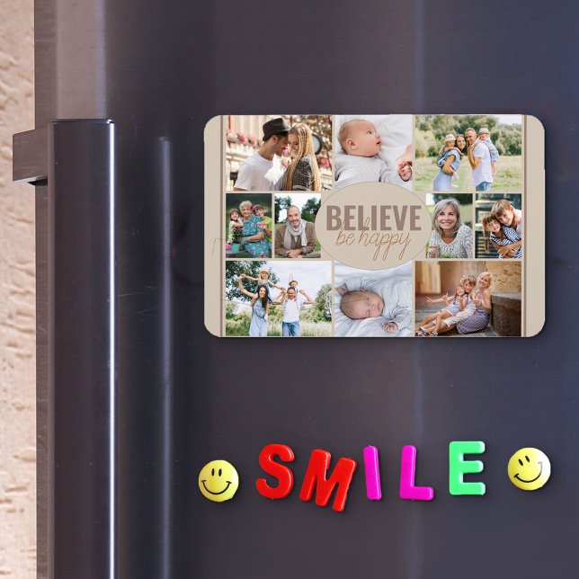 Family Photo Collage and Happy Quote Neutral Beige Magnet (Creator Uploaded)