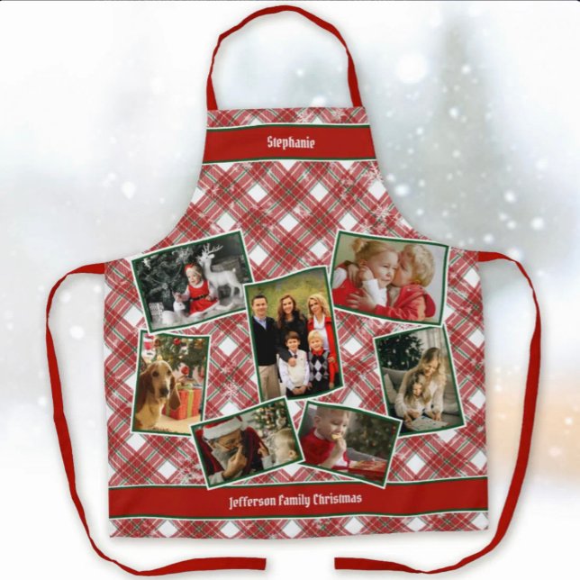 Family Photo Collage and Name Christmas Plaid Apro Apron (Family Photo Collage and Name Christmas Plaid Apron)