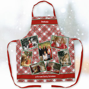 Family Photo Collage and Name Christmas Plaid Apron