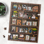 Family Photo Collage Antique Bookcase Personalised Jigsaw Puzzle<br><div class="desc">You won't find a more unique and beautiful way to display your family or wedding memories than this photo collage. This gorgeous design includes 19 of your personalised pictures, made to look like they are sitting in frames on an antique wood bookcase. Your photos are surrounded by images of vintage...</div>