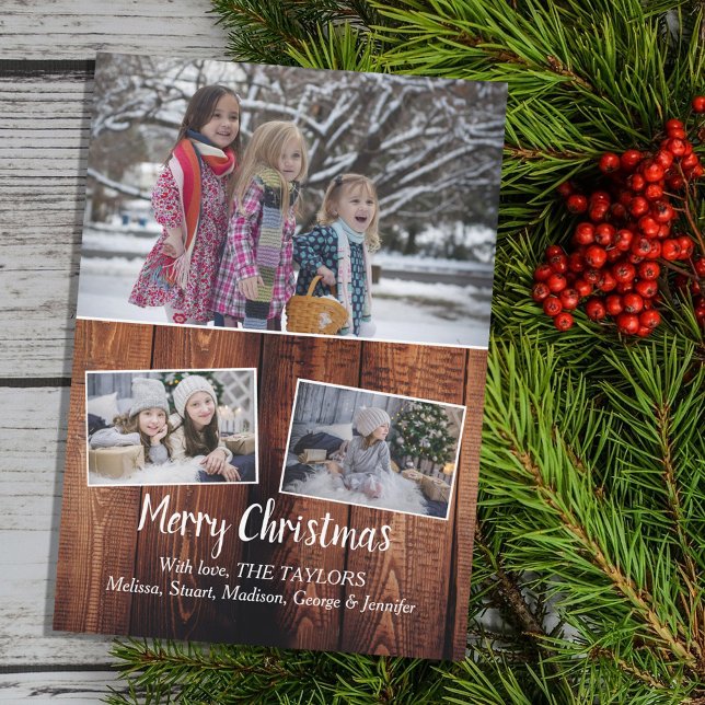 Family photo collage barn wood Merry Christmas Holiday Card (Your own photo collage on rustic barn wood Merry Christmas card. Unique Holiday card.)