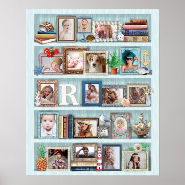 Family Photo Collage Beach Bookcase Personalised Poster (Front)