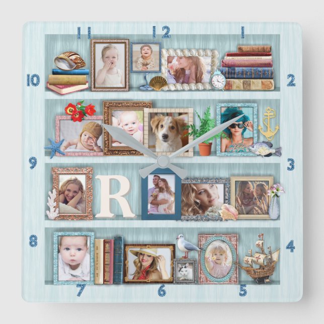 Family Photo Collage Beach Bookcase Personalised Square Wall Clock (Front)