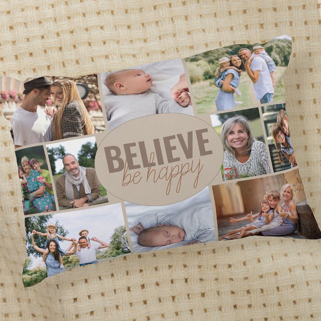 Family Photo Collage Believe Be Happy Quote Beige Decorative Cushion (Creator Uploaded)