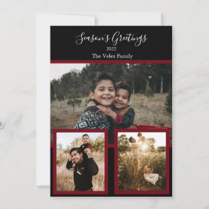 Family Photo Collage Black Burgundy White Script Holiday Card