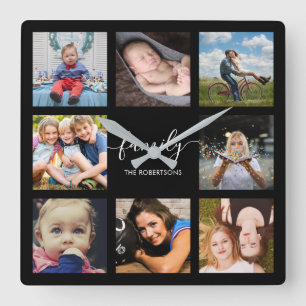 Family Photo Collage Black Custom Square Wall Clock