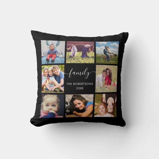 Family Photo Collage Black Custom Throw Pillow (Front)
