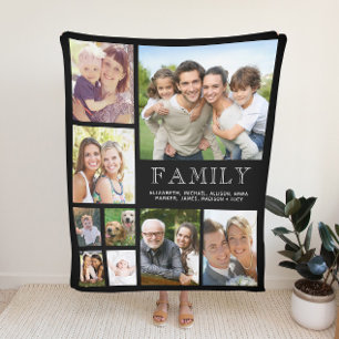 Family Photo Collage Black Fleece Blanket