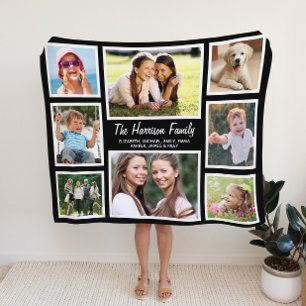 Family Photo Collage Black Fleece Blanket