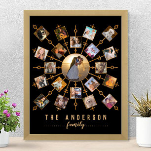 Family Photo Collage Black Gold + Name 21 Pictures Poster