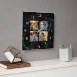 Family photo collage black marble pattern square wall clock<br><div class="desc">Custom Family photo collage on black marble background clock.
Add your own personal photos to personalise the clock. Do don't have to add only square photos other sizes will also fit,  most of the times.
If you need help please contact me.</div>