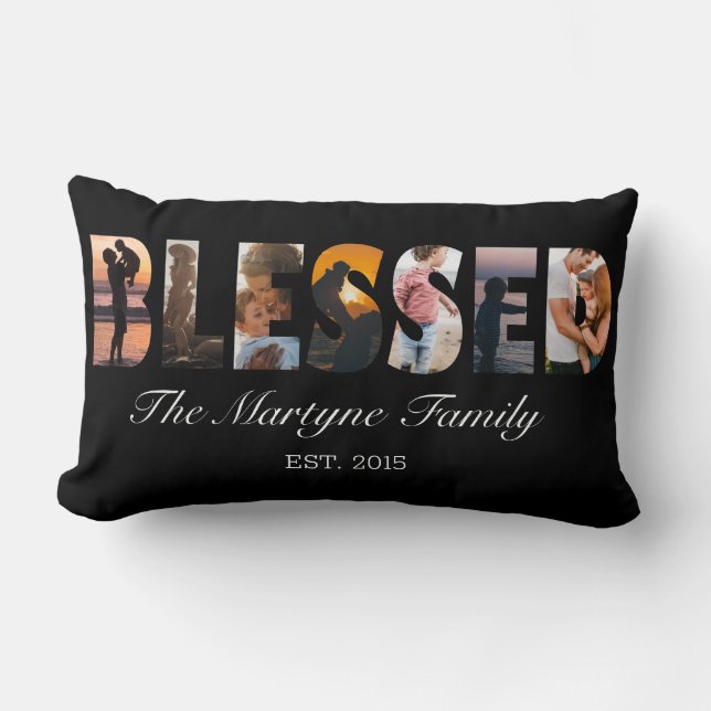 Family Photo Collage Blessed Personalised Black Lumbar Cushion (Front)