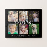 Family Photo Collage Blessings Jigsaw Puzzle<br><div class="desc">This photo puzzle is a perfect heartfelt keepsake gift for any family. It offers 6 photo frames for pictures of children and family members. The background is black accented with white trendy handwritten style calligraphy that reads: "Blessings" Custom text allows you to add your family name.</div>