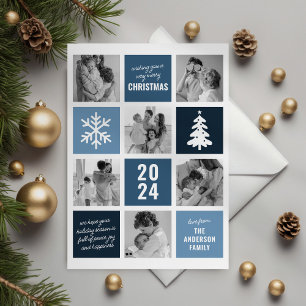 Family Photo Collage Blue Christmas Holiday Cards