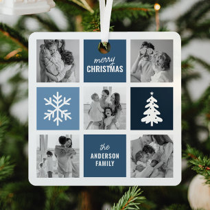 Family Photo Collage Blue Christmas Metal Tree Decoration