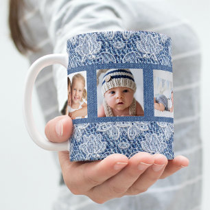 Family photo collage blue denim lace coffee mug