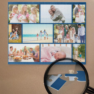 Family Photo Collage Blue Masonry Grid Custom Jigsaw Puzzle