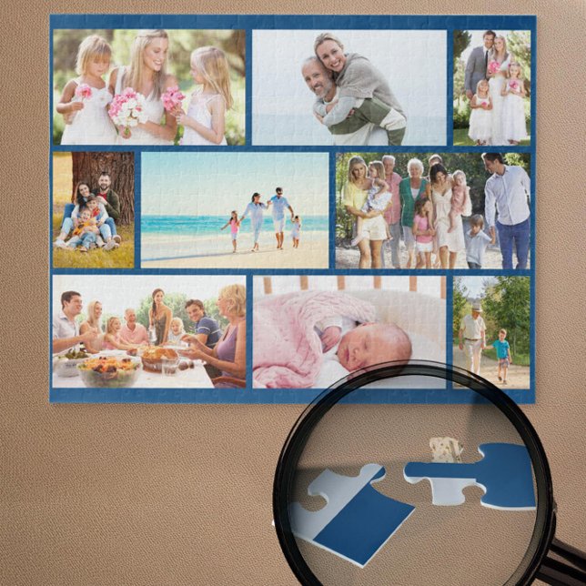 Family Photo Collage Blue Masonry Grid Custom Jigsaw Puzzle (Blue jigsaw puzzle with 9 pictures in masonry grid photo collage by Darling & May)