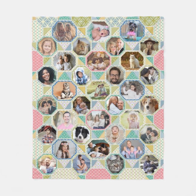 Family Photo Collage Bright Quilt Look 35 Pic Easy Fleece Blanket (Front)