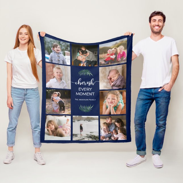 Family Photo Collage Cherish Every Moment Navy Fleece Blanket (In Situ)