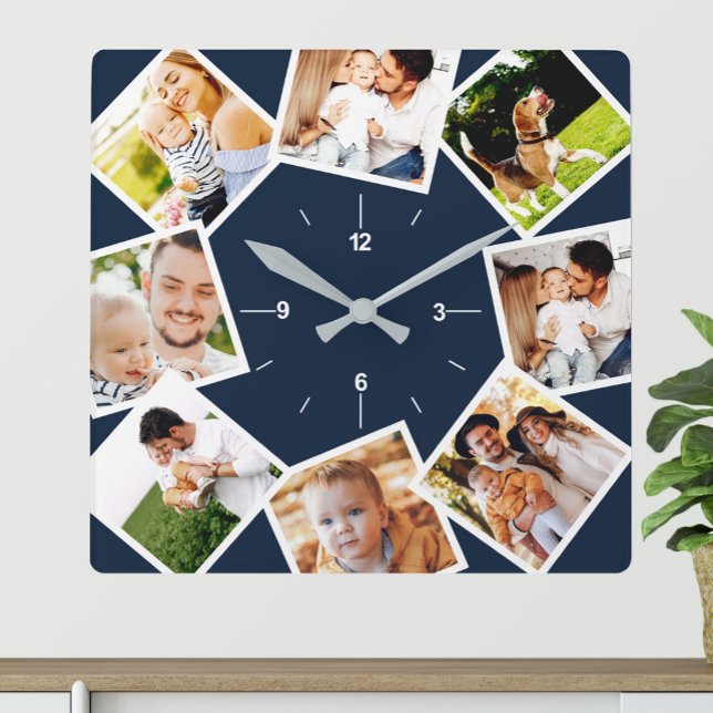 Family Photo Collage Chic Blue And White Square Wall Clock (Creator Uploaded)