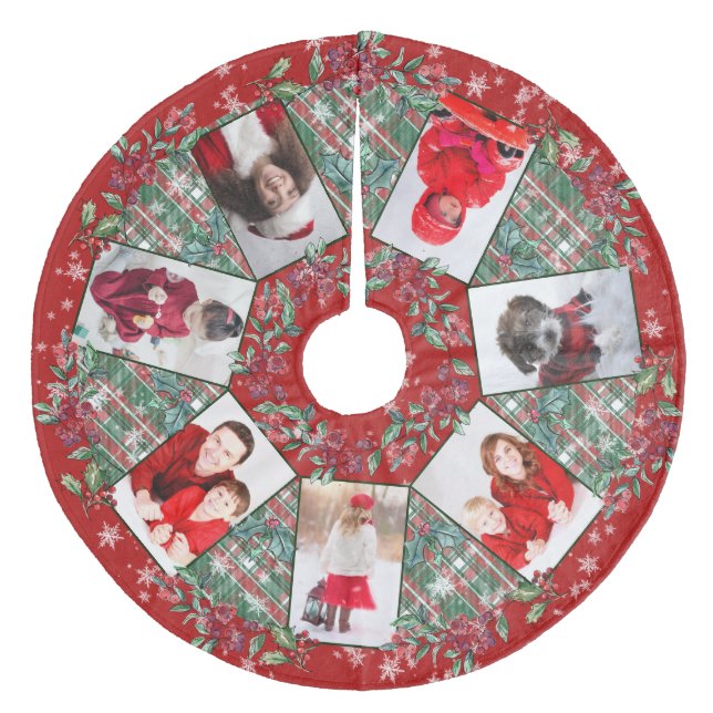 Family Photo Collage Christmas Wreath Red Fleece Tree Skirt (Front)