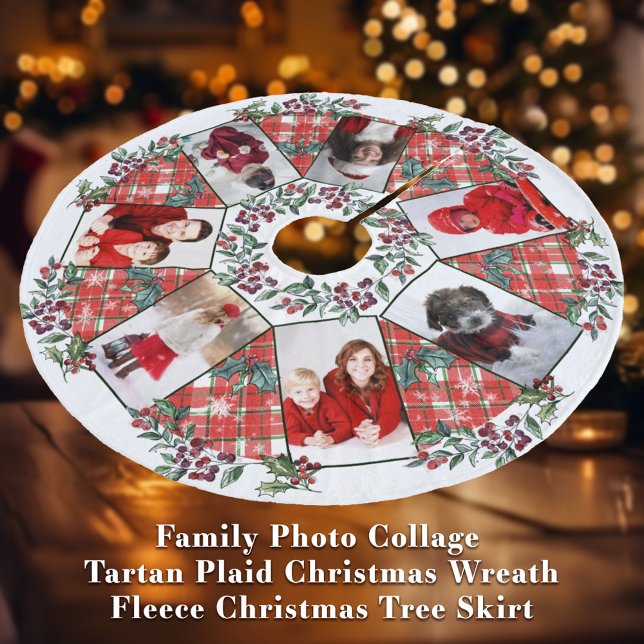 Family Photo Collage Christmas Wreath White + Red Fleece Tree Skirt (Family Photo Collage 
Red, Green + White Tartan Plaid Christmas Wreath
Fleece Christmas Tree Skirt)