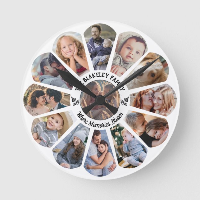 Family Photo Collage Custom 13 Pics Flower Shape Round Clock (Front)