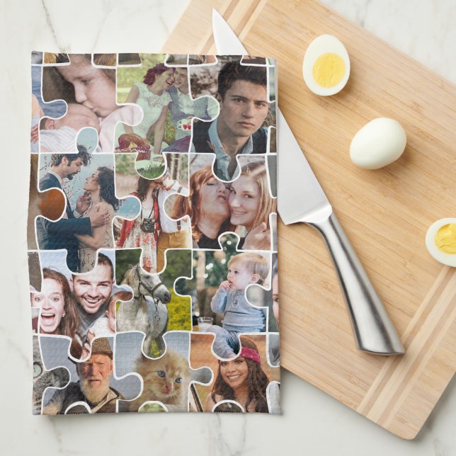 Family Photo Collage Custom 24 Pic Puzzle Shape Tea Towel (Quarter Fold)