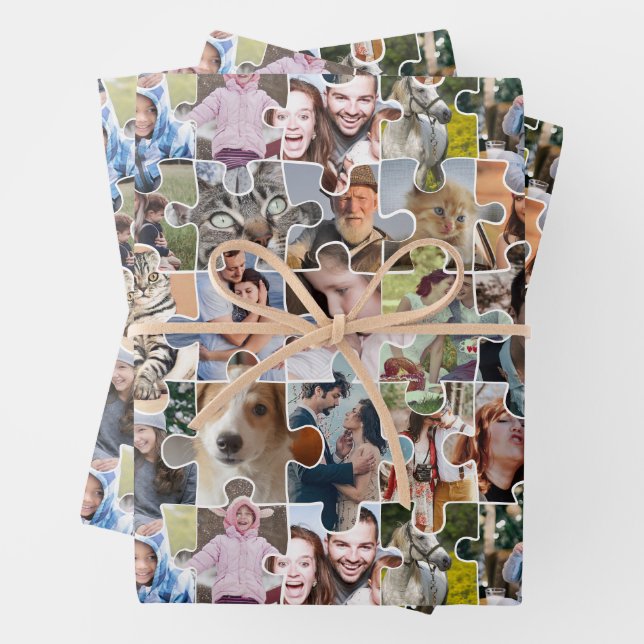 Family Photo Collage Custom 24 Pic Puzzle Shape Wrapping Paper Sheet (In situ)