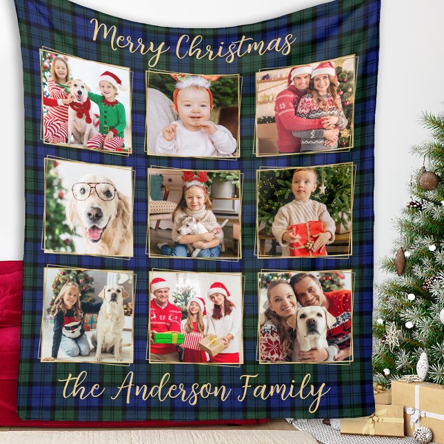Family Photo Collage Custom Modern Holiday Plaid Fleece Blanket (Creator Uploaded)