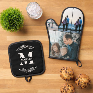 Family Photo Collage Custom Monogram & Name Oven Mitt & Pot Holder Set