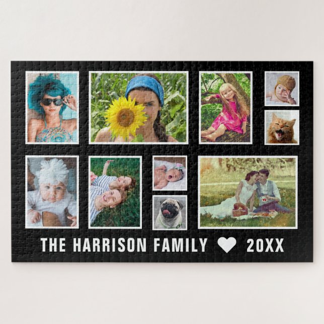 Family Photo Collage Custom Name Easy Black White Jigsaw Puzzle (Horizontal)