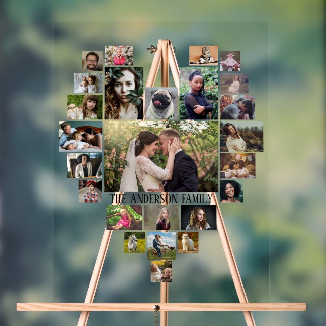 Family Photo Collage Custom Name in Heart 25 Pics Acrylic Sign (Neutral)