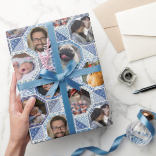 Family Photo Collage Easy Blue Quilt Look 28 Pics  Wrapping Paper