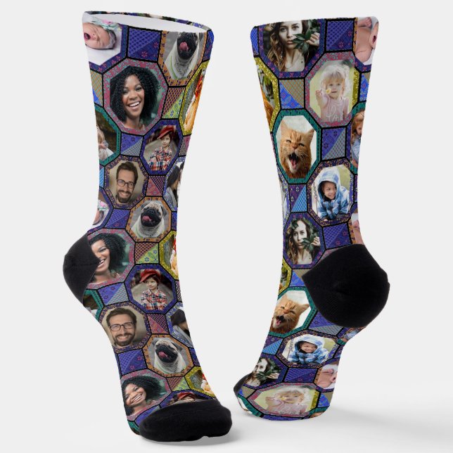 Family Photo Collage Easy Dark Quilt Look 12 Pics Socks (Angled)