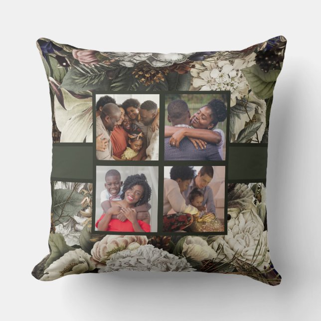 Family Photo Collage Elegant Winter Garden Floral Cushion (Front)