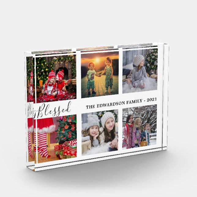 Family photo collage family name Blessed script (Left)