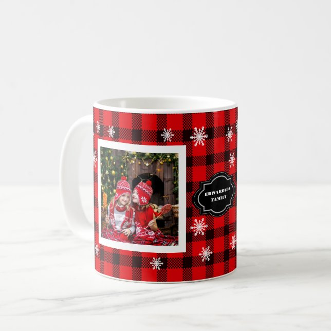 Family photo collage family name buffalo plaid coffee mug (Front Left)