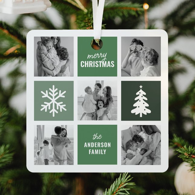 Family Photo Collage Green Christmas Metal Tree Decoration (Creator Uploaded)