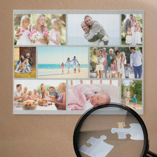 Family Photo Collage Grey Masonry Grid Custom Jigsaw Puzzle