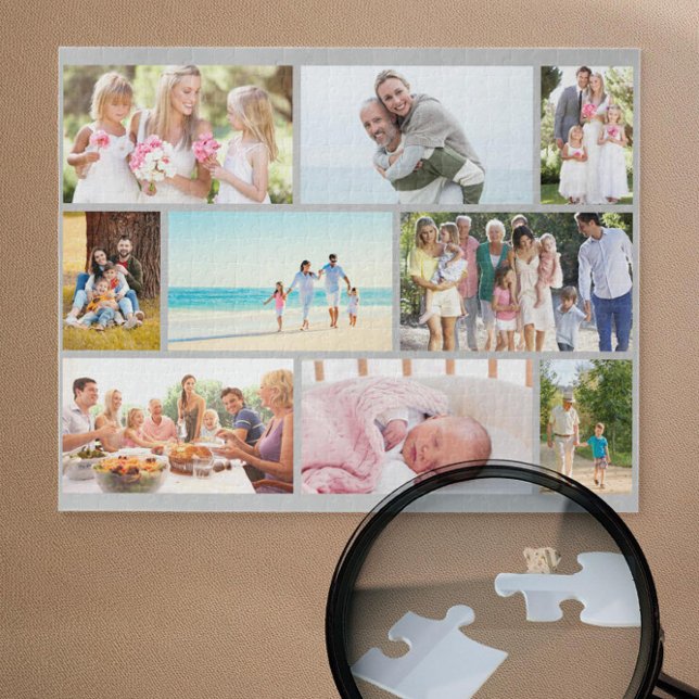 Family Photo Collage Grey Masonry Grid Custom Jigsaw Puzzle (Grey jigsaw puzzle with 9 pictures in masonry grid photo collage by Darling & May)