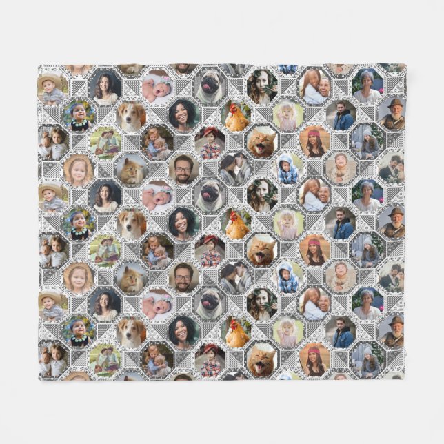 Family Photo Collage Grey Quilt Look 28 Pics Fleece Blanket (Front (Horizontal))