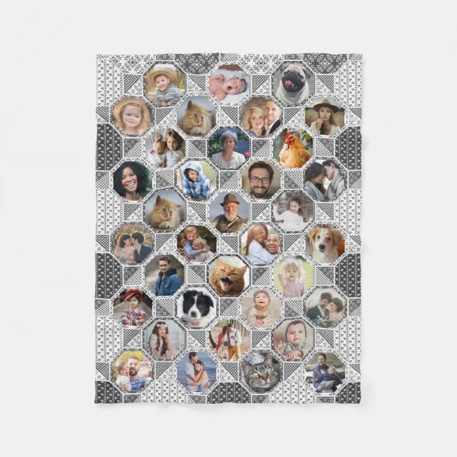 Family Photo Collage Grey Quilt Look 35 Pics Lg Sm Fleece Blanket (Front)