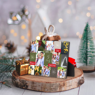 Family Photo Collage Grid Green And Red Christmas Plaque
